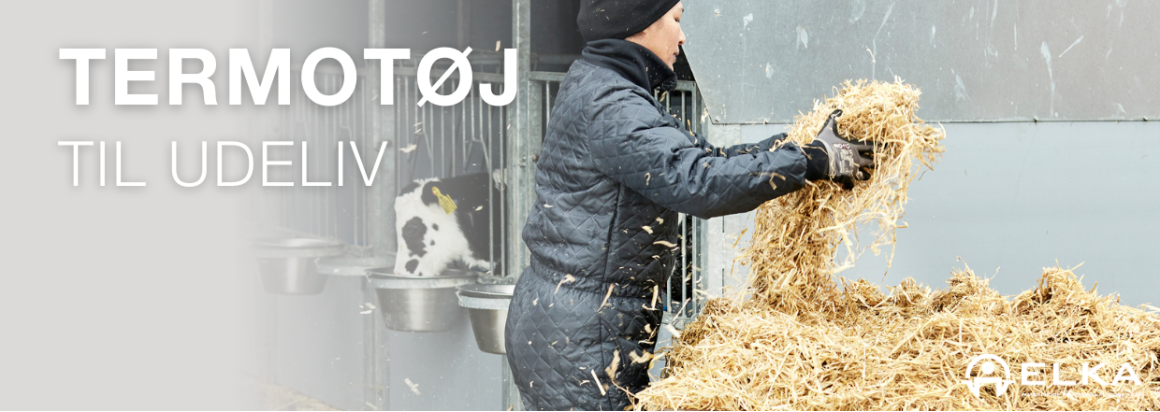 Termotj til udeliv. Person i termooveralls arbejder i stald med halm. ELKA-logo.