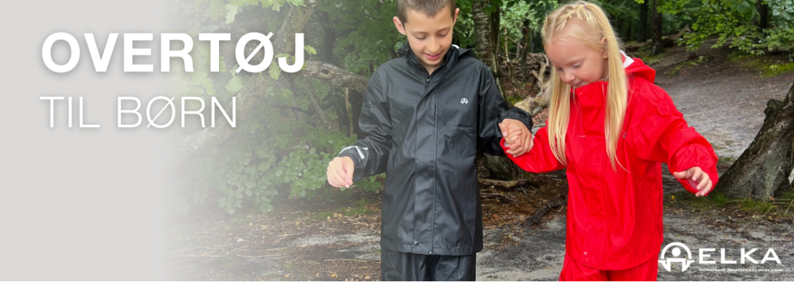 Overtj til brn. To brn i regntj holder i hnd udendrs. ELKA-logo.