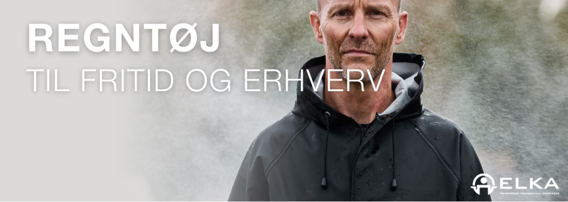 Regntj til fritid og erhverv. Mand i regnjakke i kraftig regn. ELKA-logo.